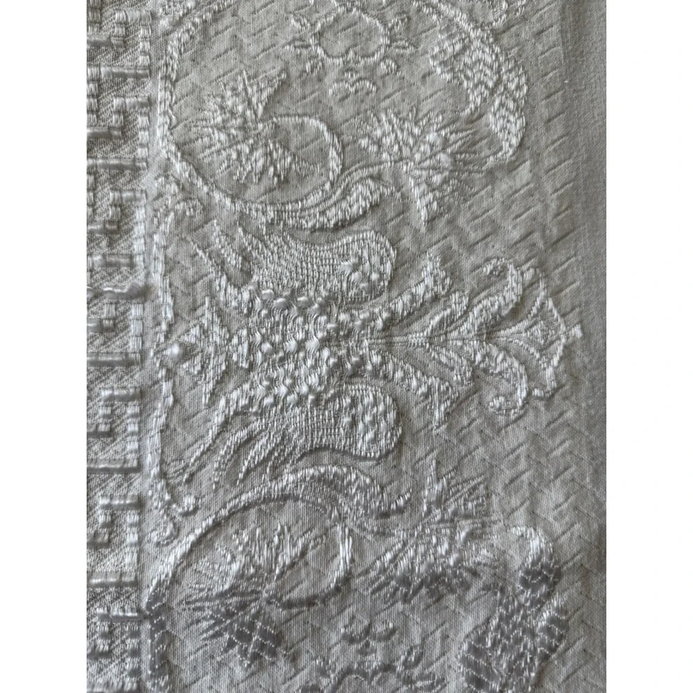 Vintage White Embroidered Tablecloth 56x74 Greek Key Floral Scrollwork Rectangle
